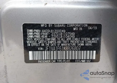 2019 Subaru Wrx Premium из США, поврежденный, VIN JF1VA1F61K8826807